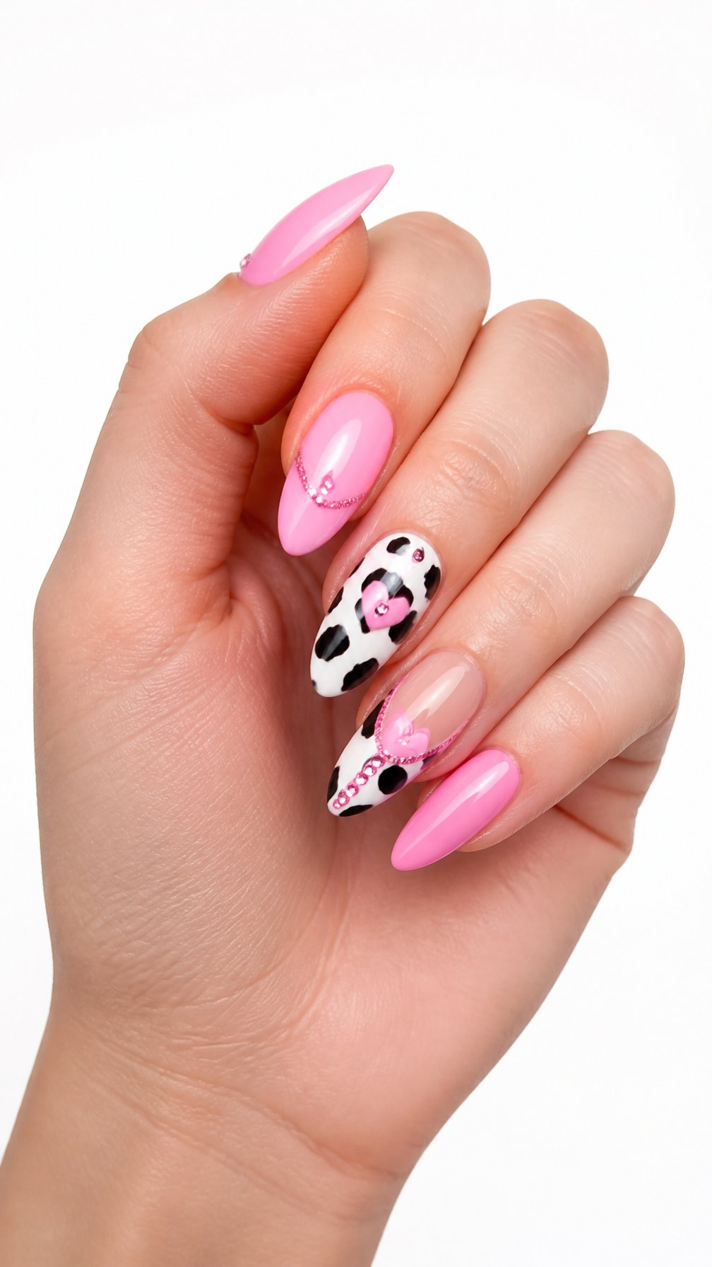 One hand with glossy pink and cow-print decorated nails against a white background.