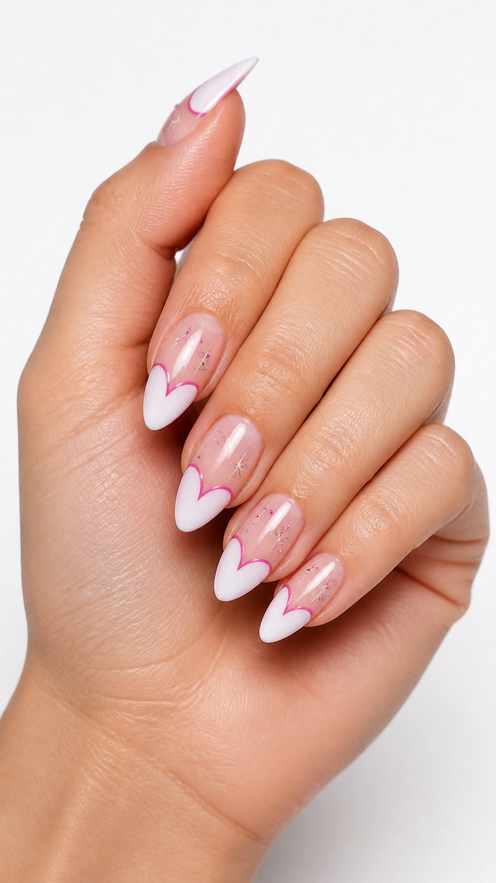 One hand with glossy pink and white heart-tipped manicured nails against a white background.