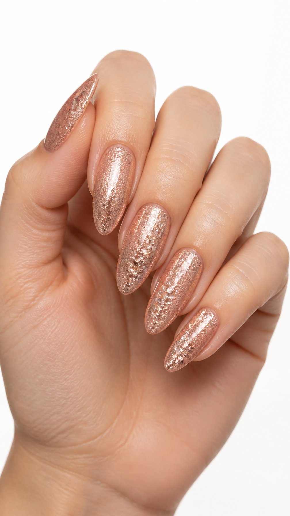 A single hand with glossy rose-gold glitter manicure against a white background.