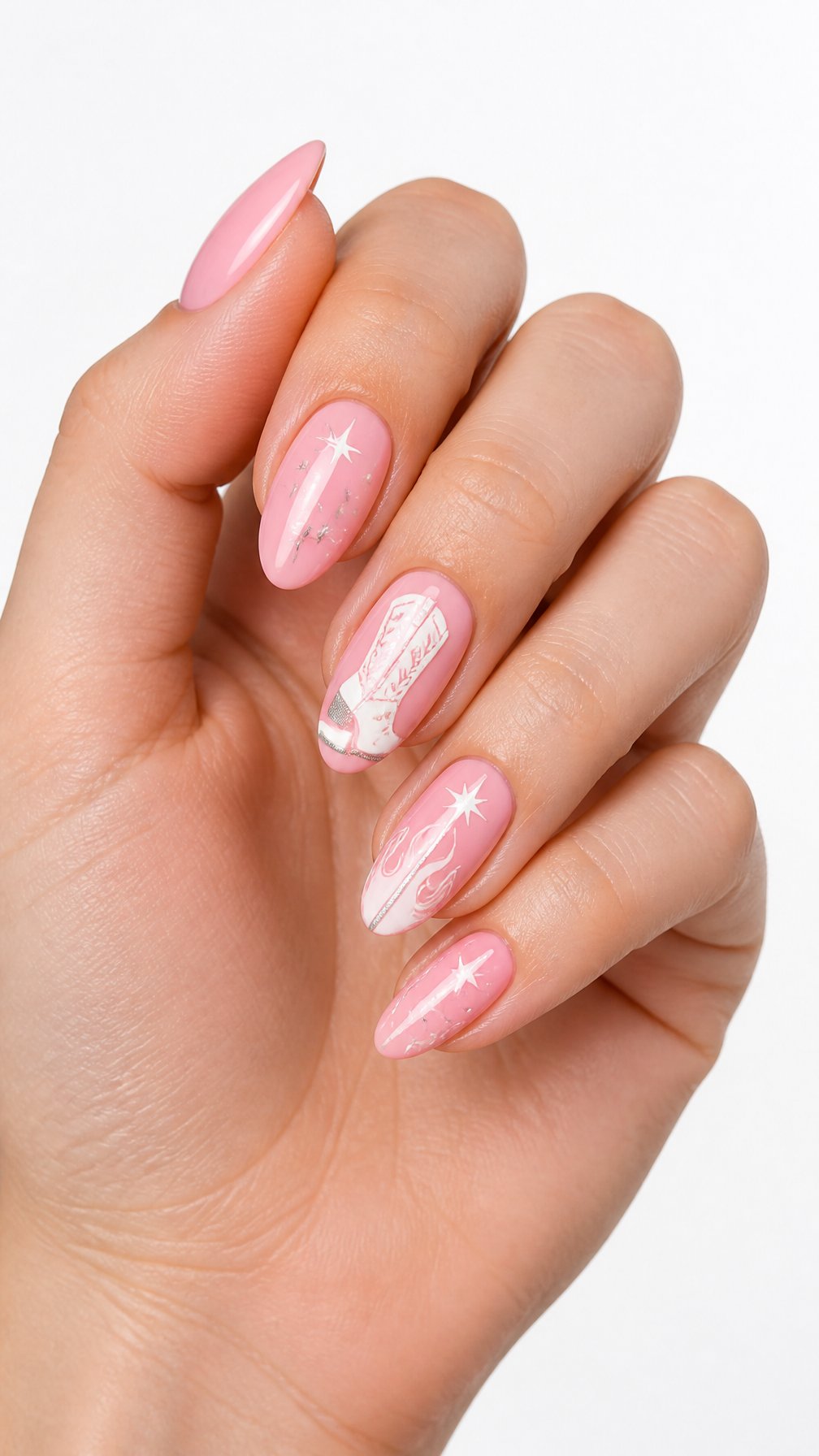 One hand with glossy pink nails decorated with delicate white cowboy-boot designs on a white background.
