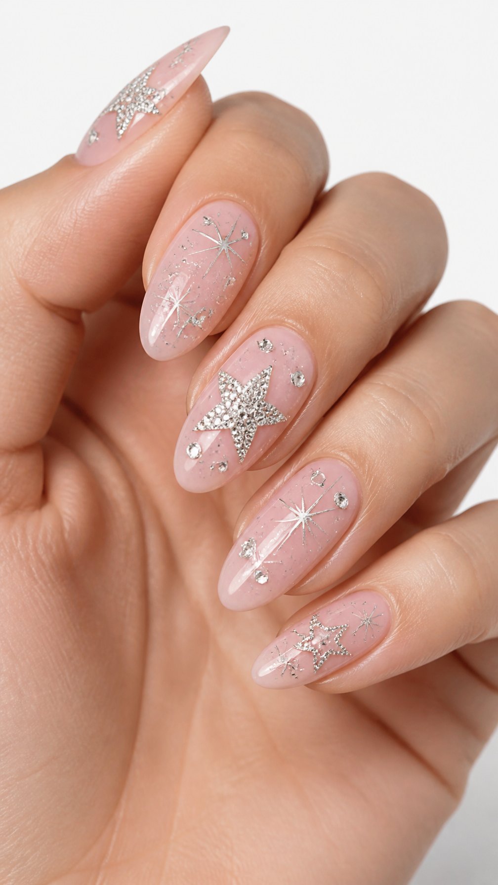 A single hand displays glossy pink nails decorated with sparkling rhinestone stars against a white background.