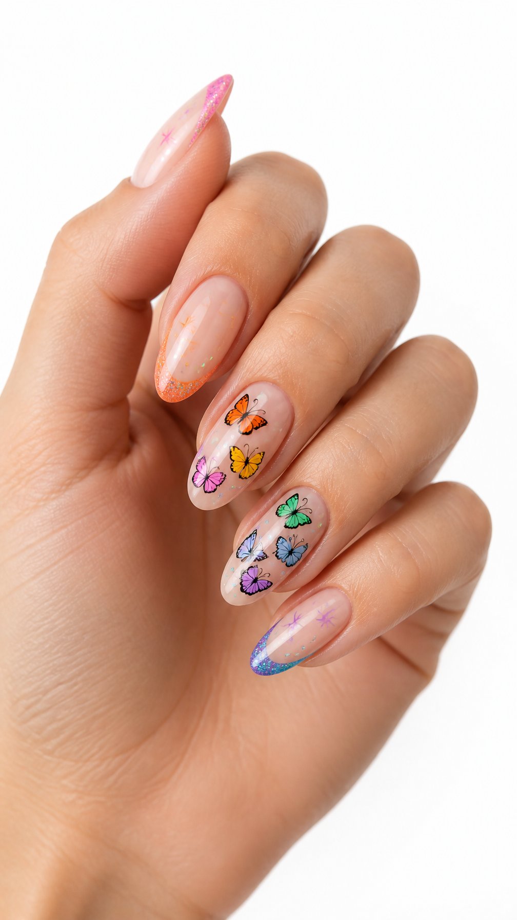 A single hand displays glossy nude nails decorated with colorful rainbow butterflies and accents against a white background.