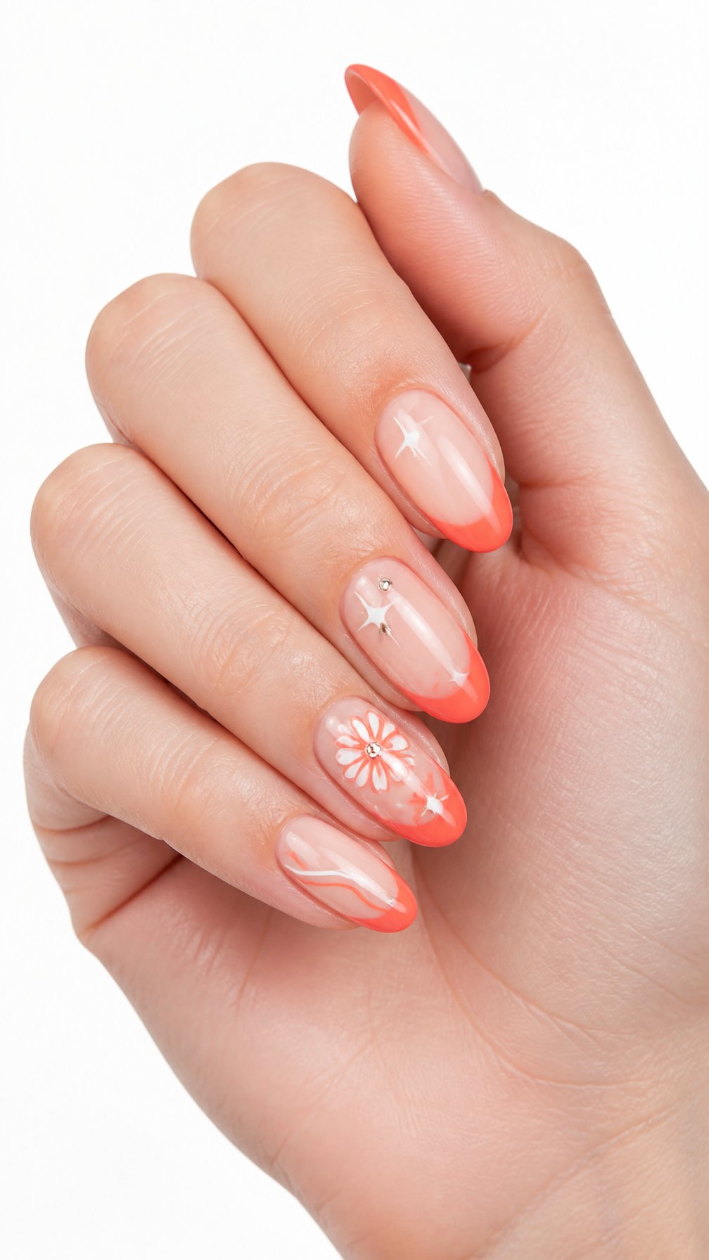 One hand with glossy coral French-tip nails against a white background.