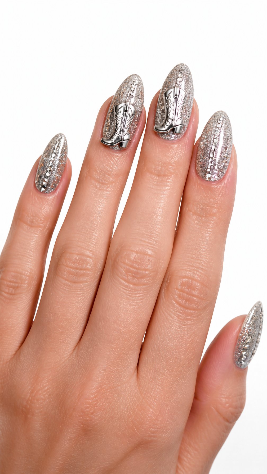 A single hand displays silver glitter nails with tiny cowboy boot designs against a white background.