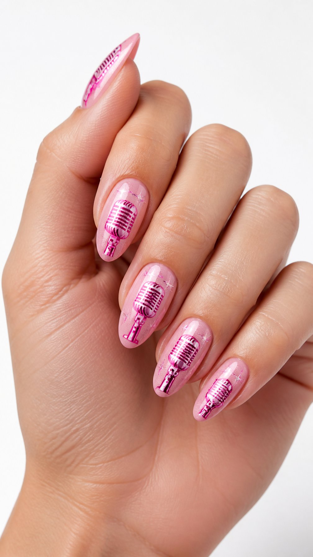 A single hand with glossy pink nails decorated with small microphone silhouettes against a white background.