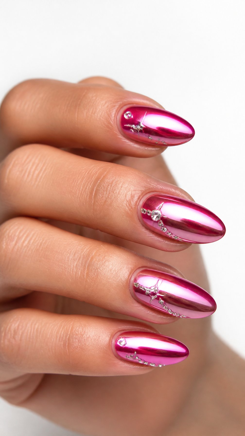 A single hand with glossy hot-pink chrome almond-shaped nails against a white background.