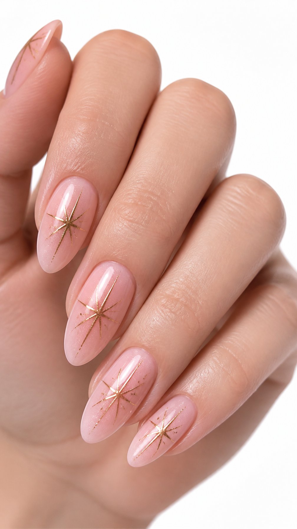 A single hand displays almond-shaped pink nails decorated with delicate gold starburst designs against a white background.