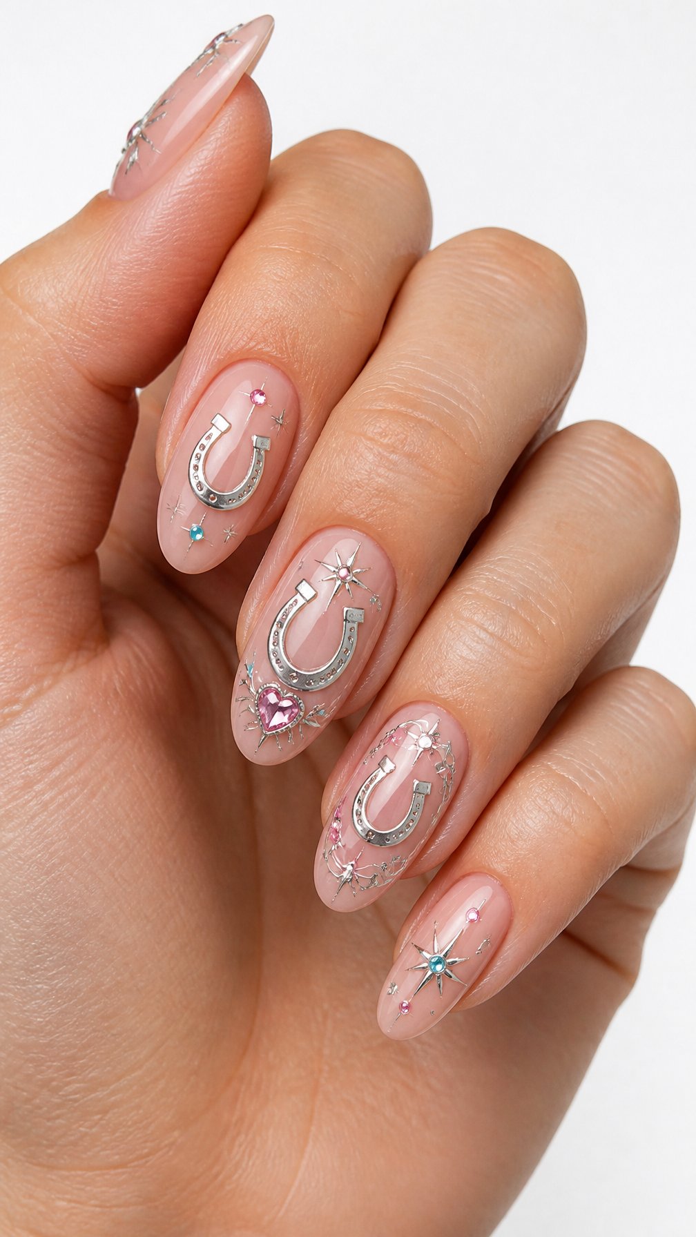 A single hand with glossy nude nails decorated with silver horseshoes, stars, rhinestones, and turquoise accents on a white background.