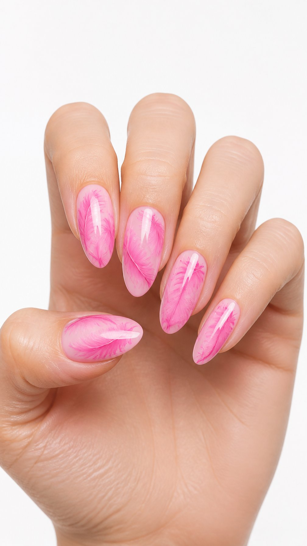 A single hand with long pink feather-patterned nails on a white background.