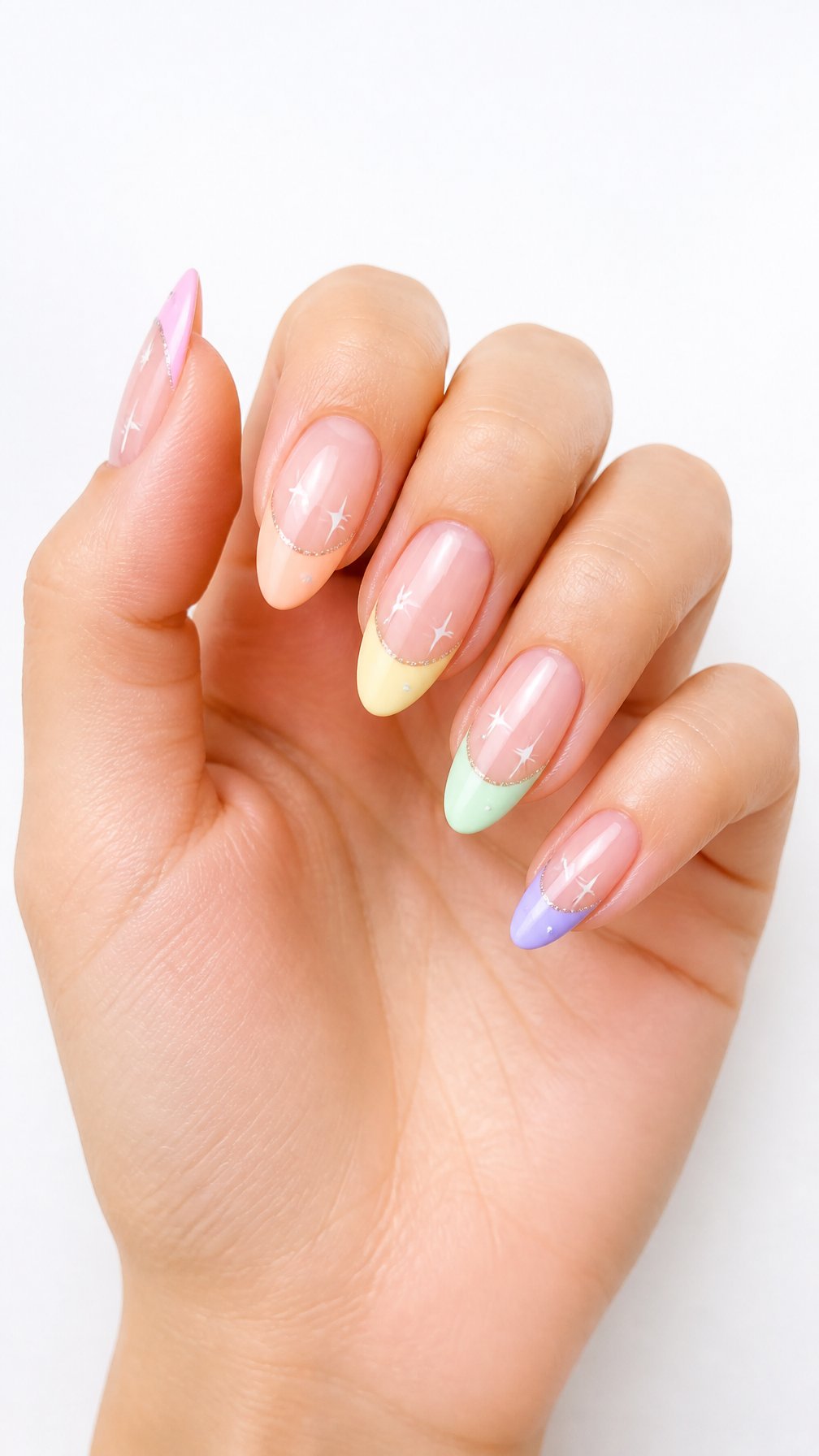 One hand with neatly manicured nails featuring pastel rainbow French tips on a white background.