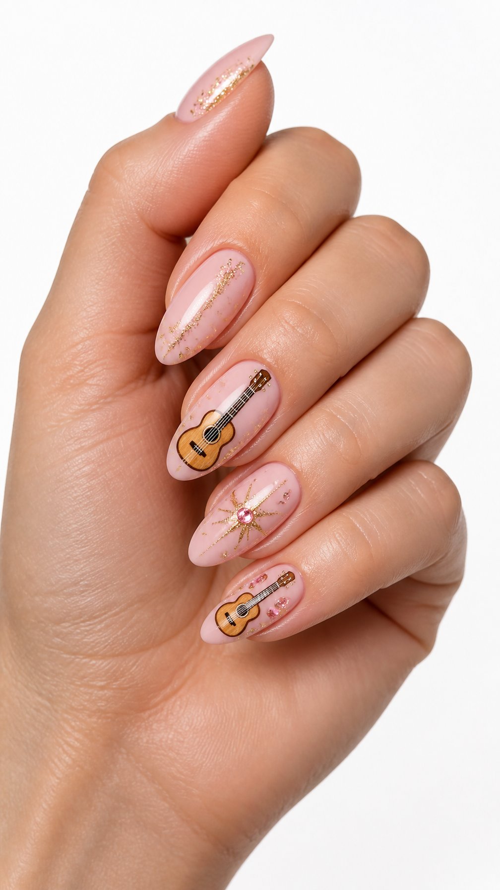 A single hand with glossy pink nails decorated with tiny acoustic guitar designs against a white background.