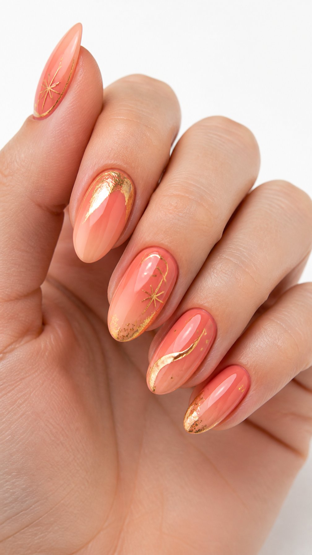 A single hand displays coral and peach ombré nails with delicate gold accents against a white background.