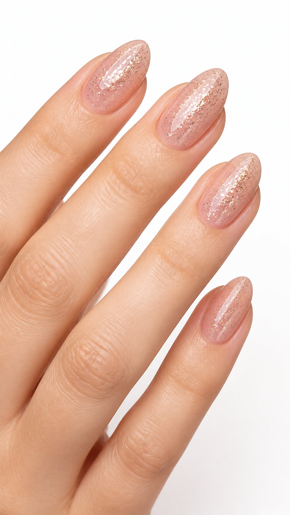 A single hand with glossy pink champagne glitter nails on a white background.