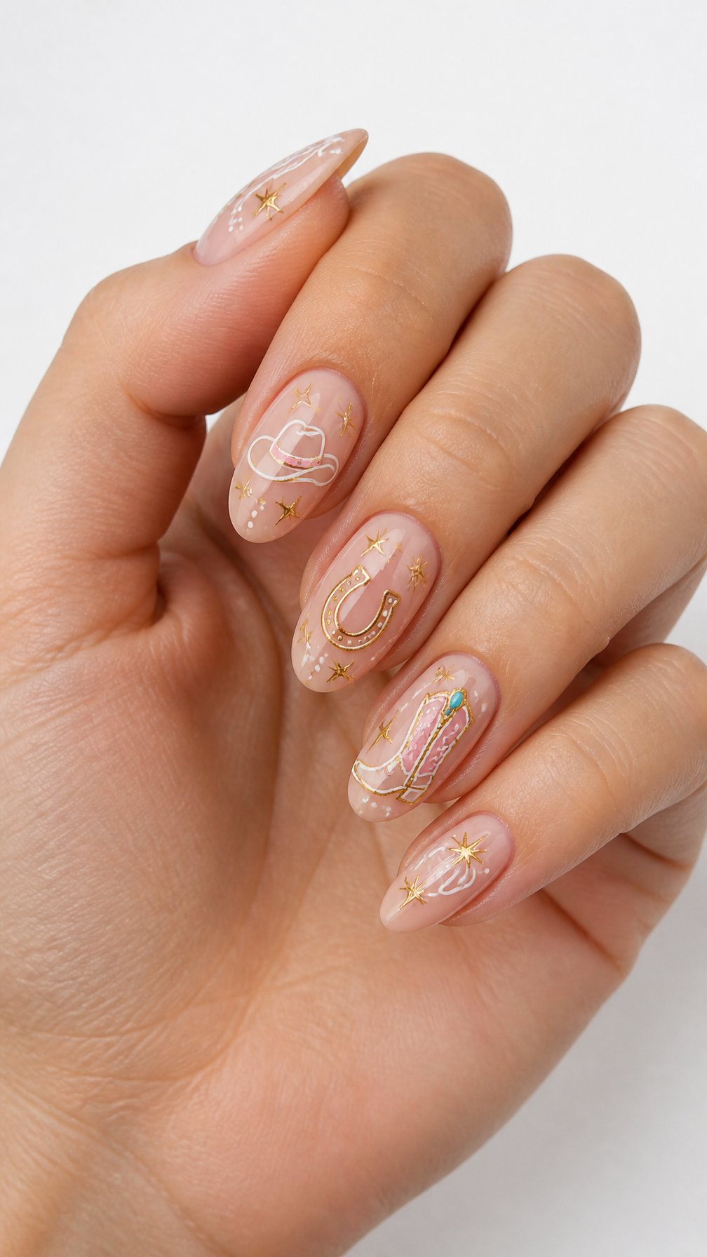 A single hand with nude manicured nails decorated with tiny cowboy hats and horseshoes against a white background.