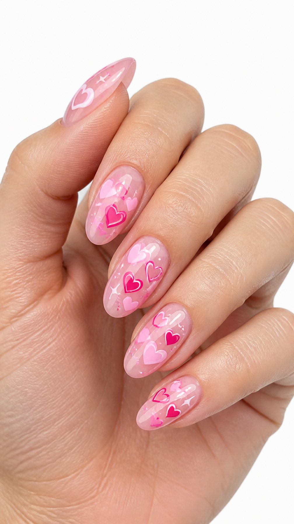 A single hand with glossy pink nails decorated with small pink hearts against a white background.