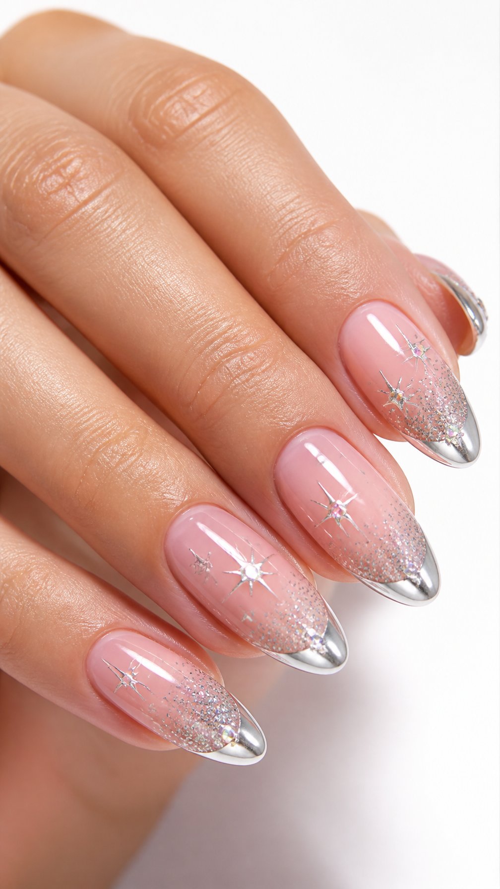 A single hand with sparkling pink and silver decorated nails against a white background.