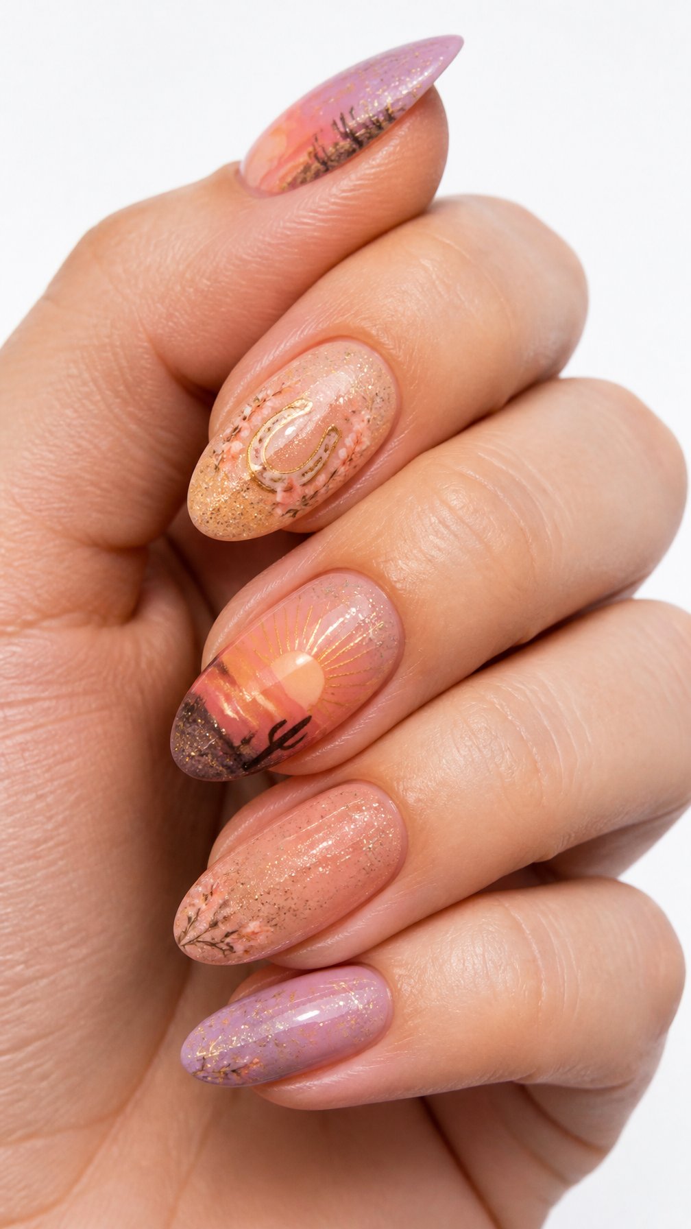 A single hand with colorful glittery sunset-themed nail art against a white background.