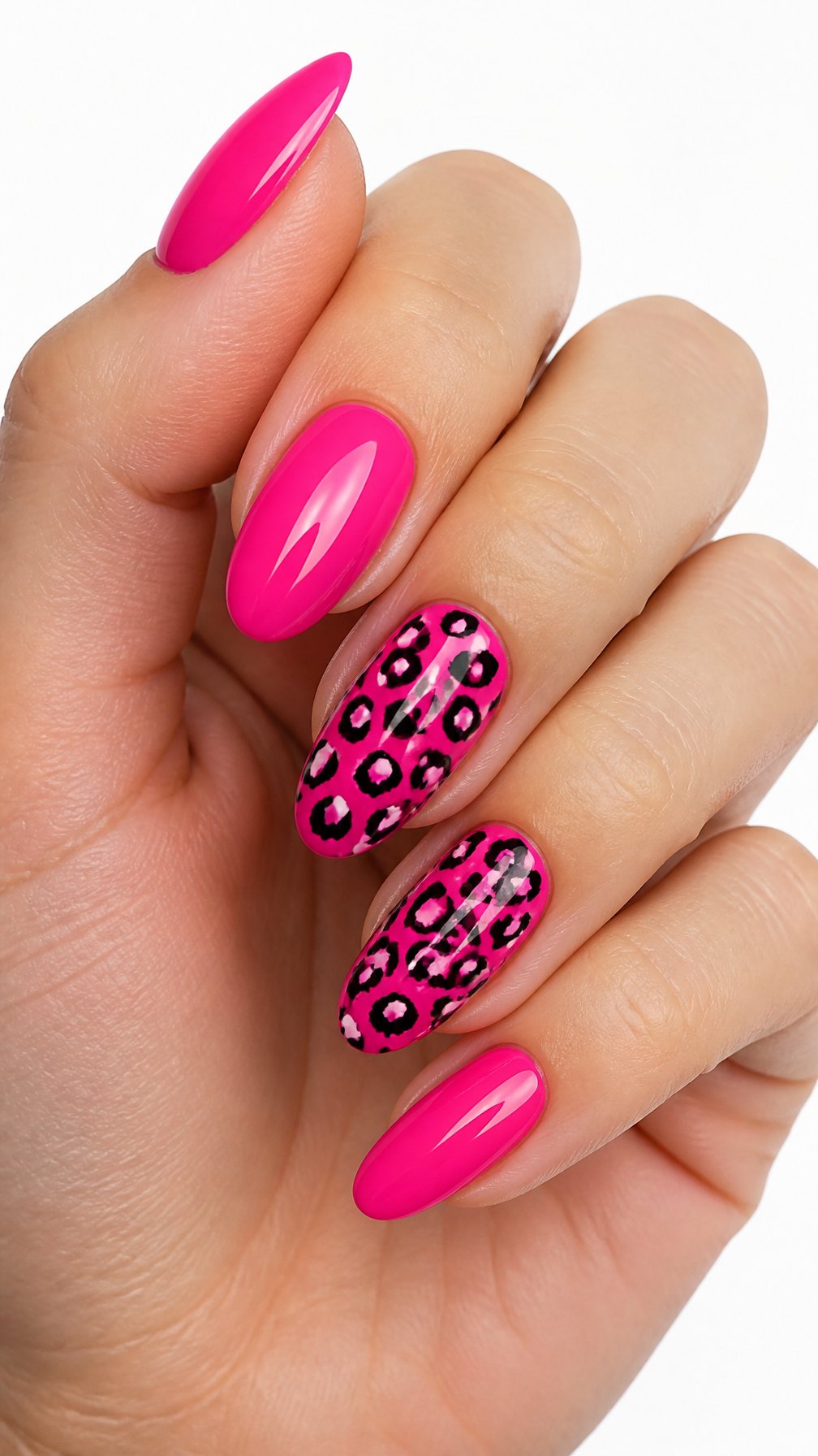 A single hand with glossy hot-pink nails and leopard-print accent nails against a white background.
