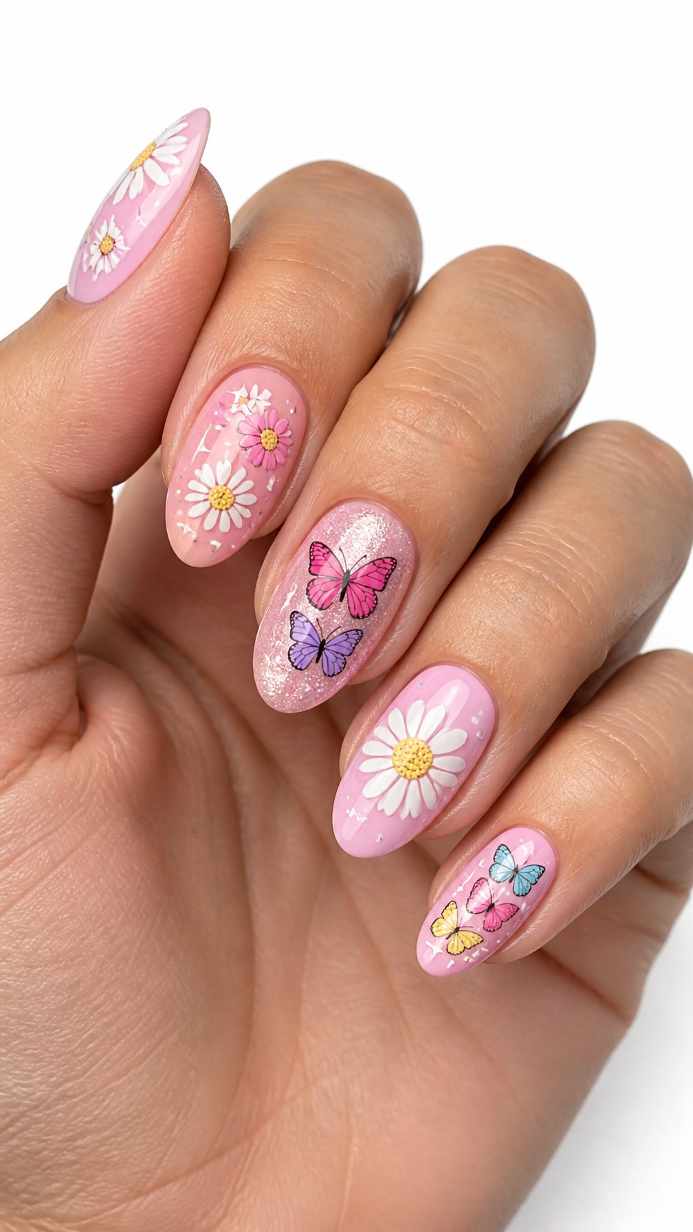 A single hand with glossy pink nails decorated with white daisies and colorful butterflies against a white background.