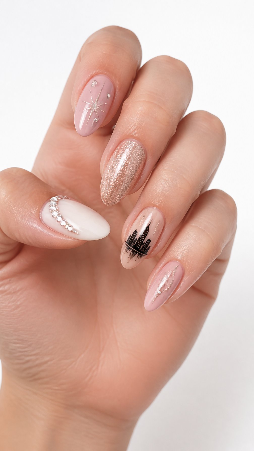 A single manicured hand displays blush pink and white nails with sparkle accents and a Nashville skyline design on one accent nail.