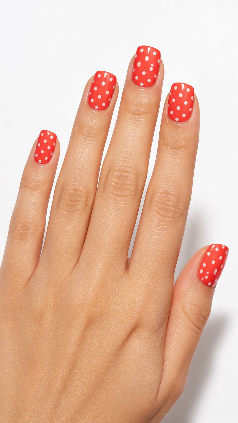 A single hand with glossy coral nails decorated with small white polka dots against a white background.