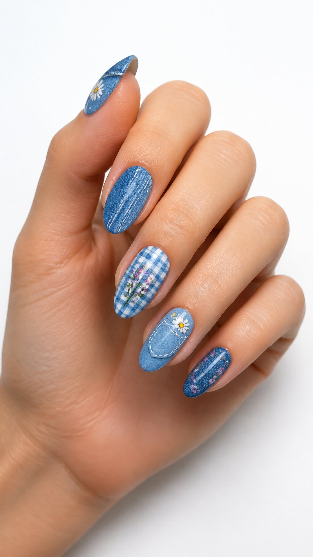 A single hand with blue denim-inspired floral nail art against a white background.