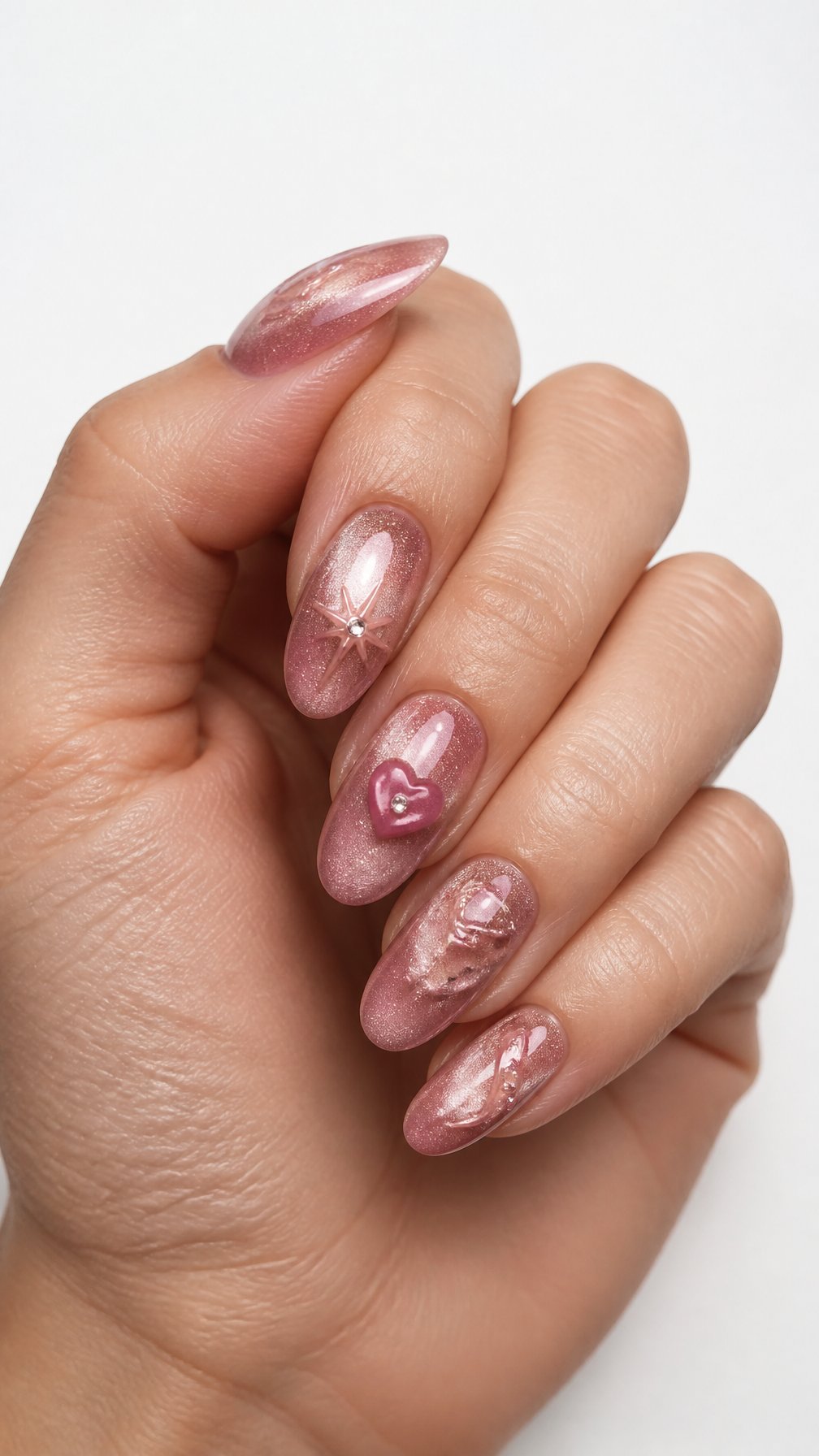 A single hand with glossy rose-pink chrome almond-shaped nails against a white background.