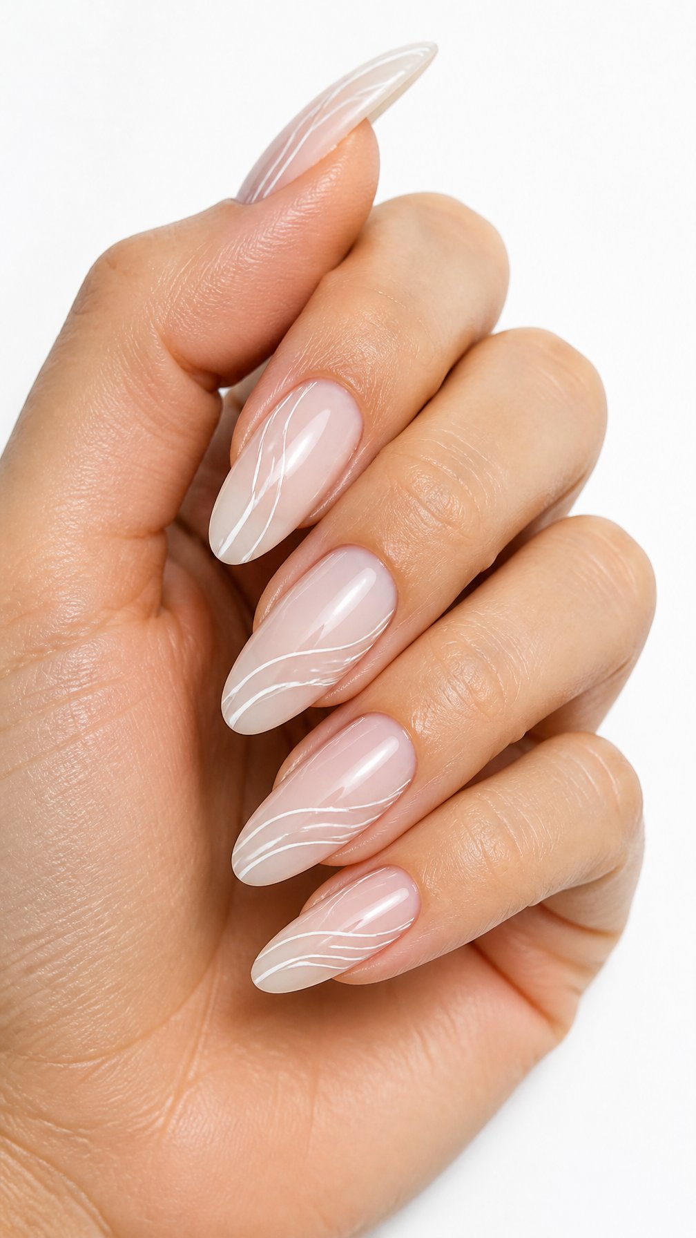 A single hand with glossy white manicured nails decorated with delicate curved line designs on a white background.
