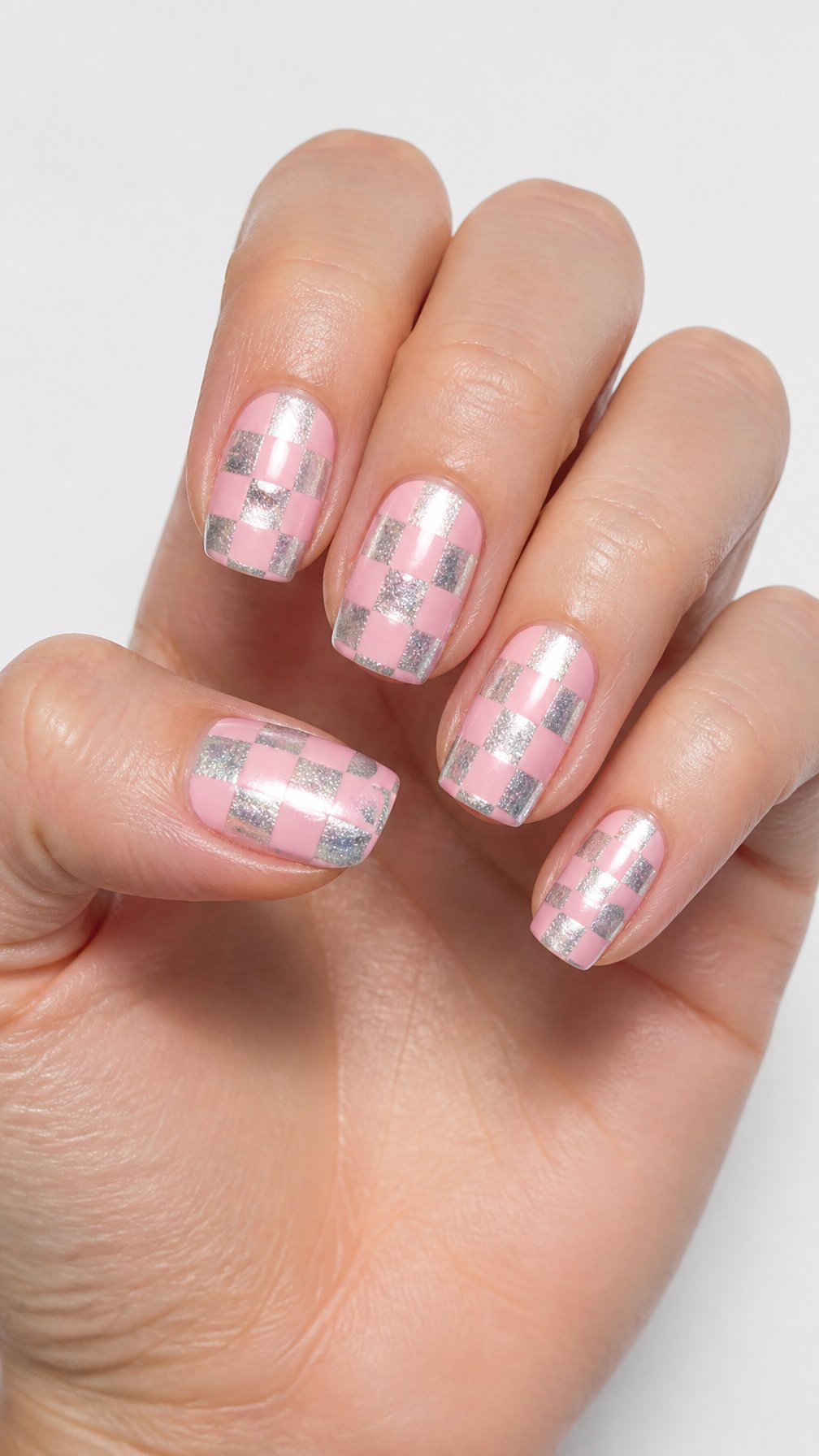 A single hand with glossy pink and silver checkerboard designs on neatly manicured nails against a white background.